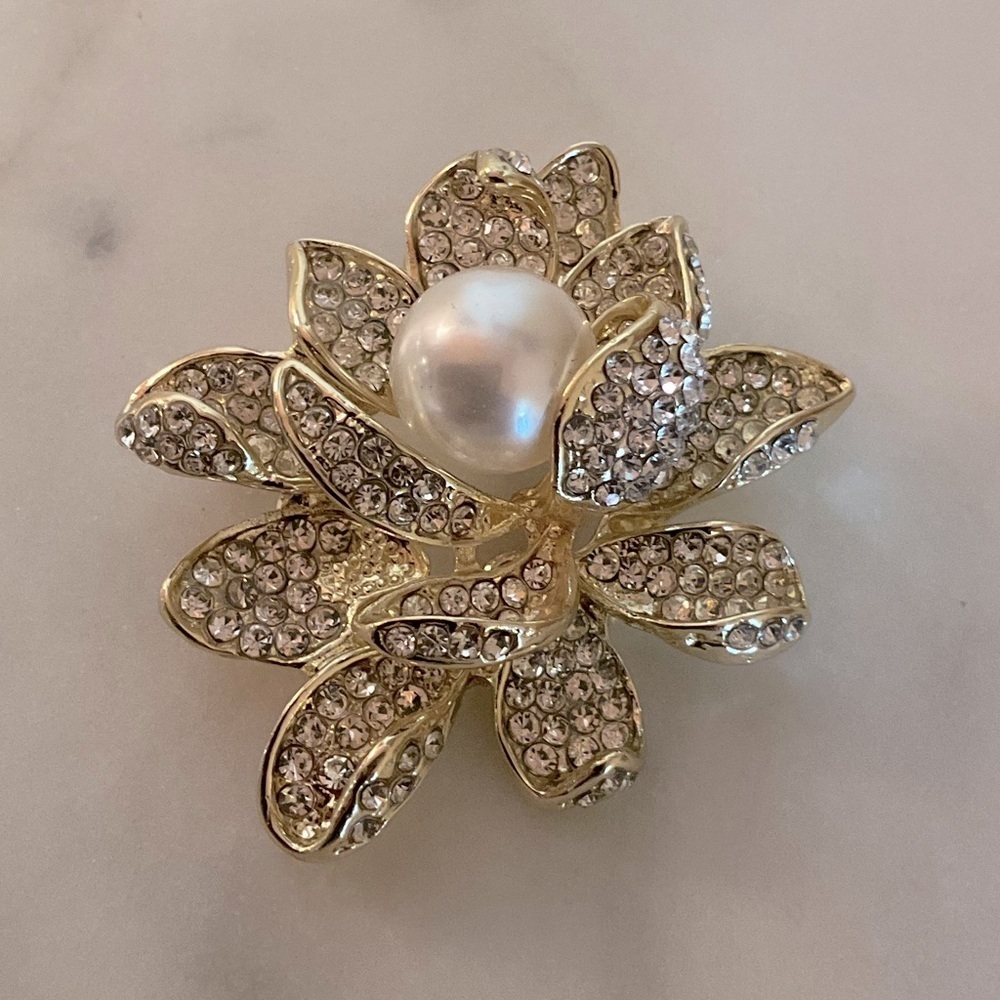 Lotus Flower Brooch with a Faux Pearl Center